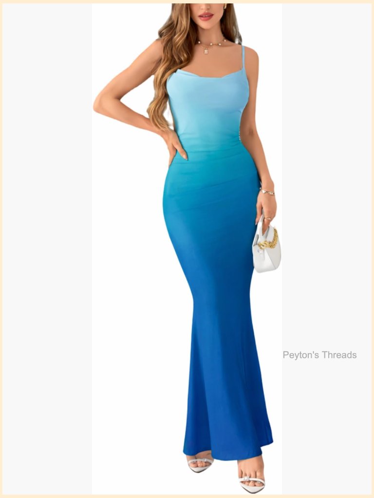 Ombre Cowl Neck Maxi Dress Mermaid Bodycon Spaghetti Strap Summer Party